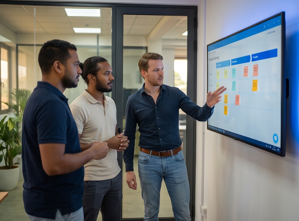 Surinamese and Dutch engineers at a screen discussing a delivery roadmap